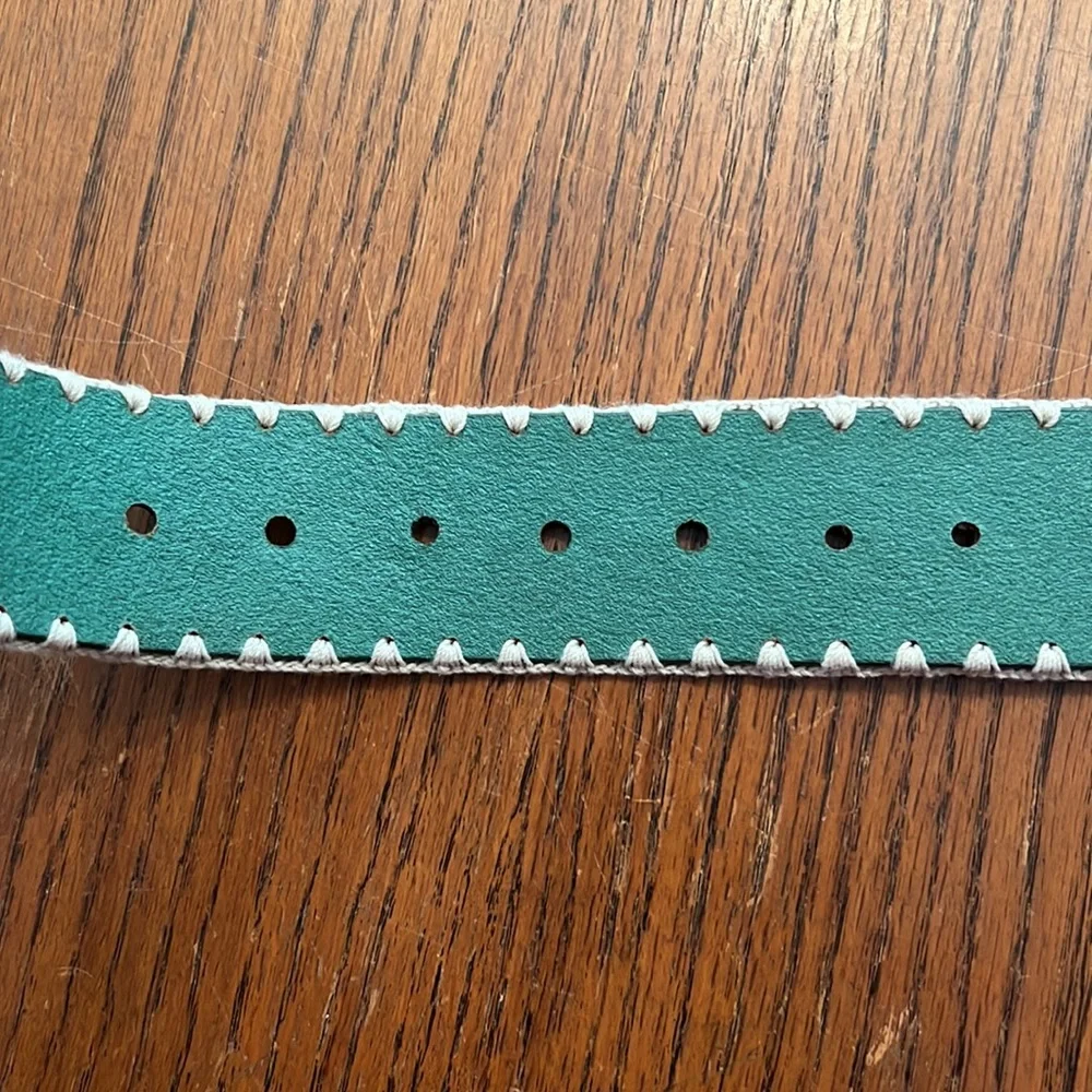 Michael By Michael Kors Blue Green Leather Belt With White Embroidery Size L